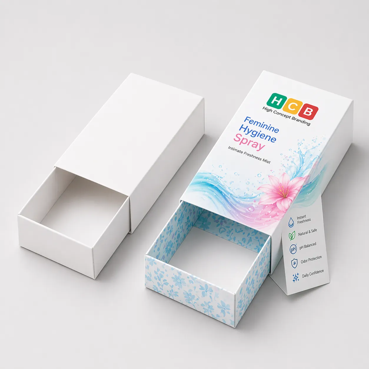 An open and closed version of blue floral branded boxes designed for feminine hygiene sprays. class=